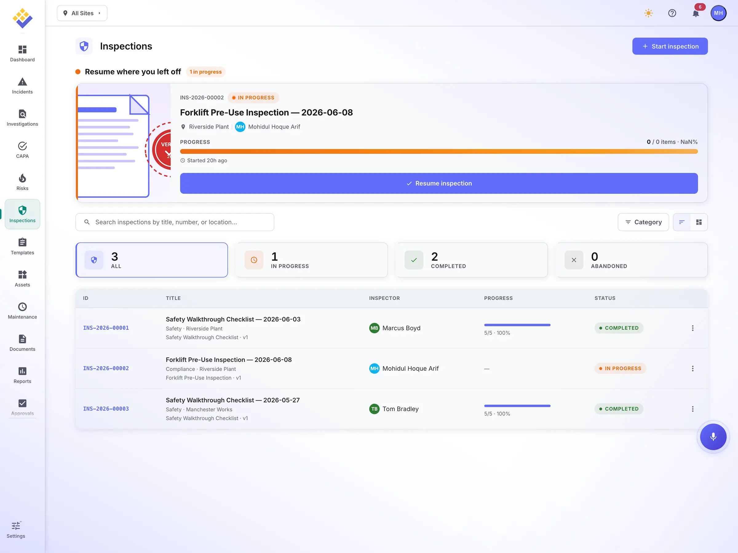 SDS Manager audit and inspection checklist running on the platform