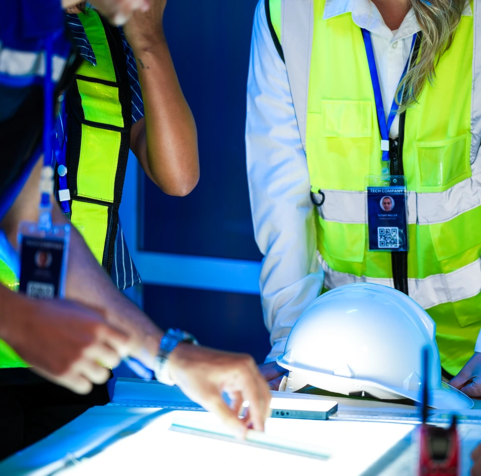 Trabajadores industriales con EPP revisando una tableta en planta