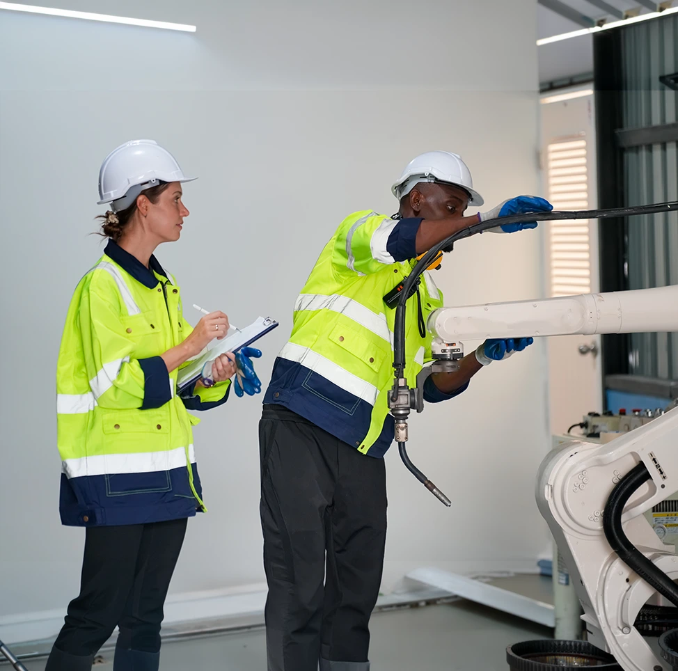 Inspector con portapapeles revisando equipos en una instalación