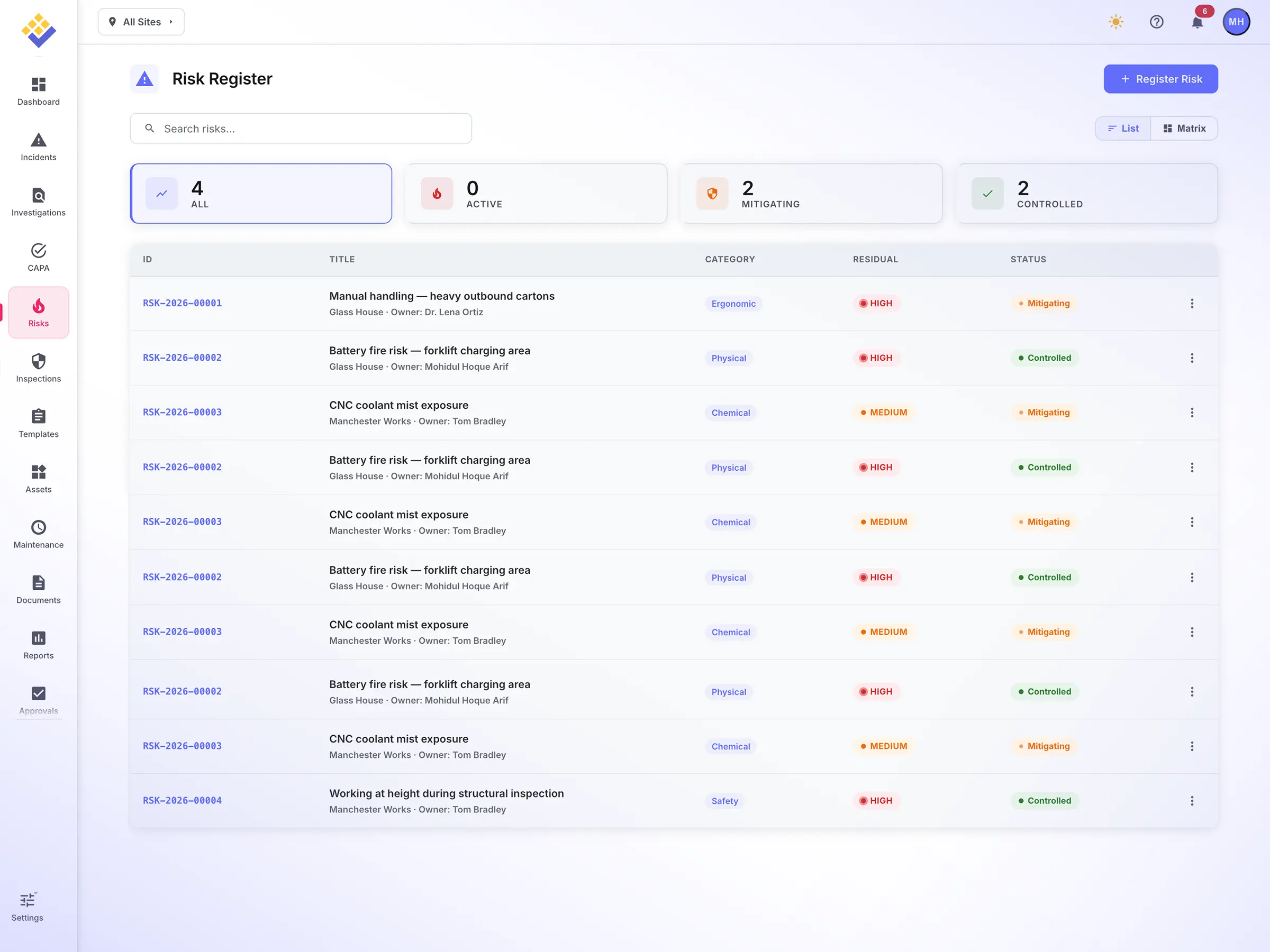 SDS Manager risk management dashboard with risk register and heat map